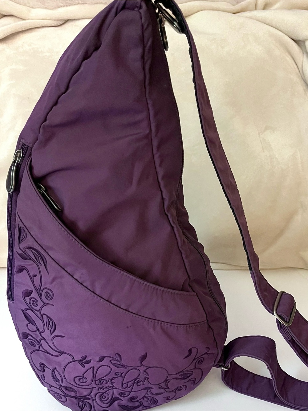 AmeriBag "Love My Life" Embroidered Microfiber Healthy Back Bag Eggplant Sm 17"